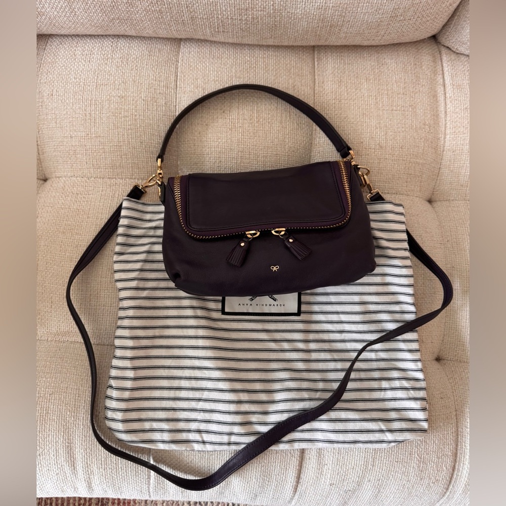 Anya Hindmarch Maxi Zip Aubergine Leather Crossbody Bag + Dust Bag